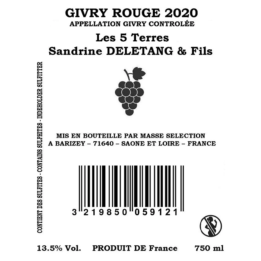 Sandrine Deletang & Fils Les Cinq Terres, 2020 - Givry AOP - Rouge - 75 cl Vente flash 😀 Sandrine Deletang & Fils Les Cinq Terres, 2020 - Givry AOP - Rouge - 75 cl 😉 -VINS ROUGES Boutique 3219850059121 2