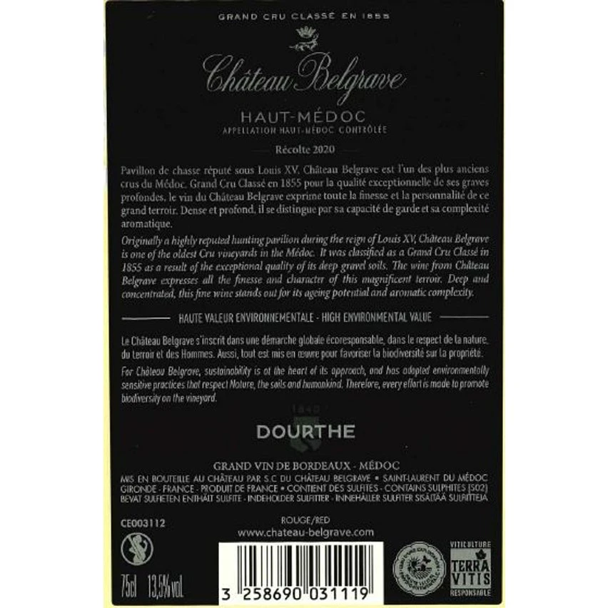 Château Belgrave, 2020 - Haut-Médoc AOP - Rouge - 75 cl Meilleur prix 🎉 Château Belgrave, 2020 - Haut-Médoc AOP - Rouge - 75 cl ❤️ -VINS ROUGES Boutique 3258690031119 2