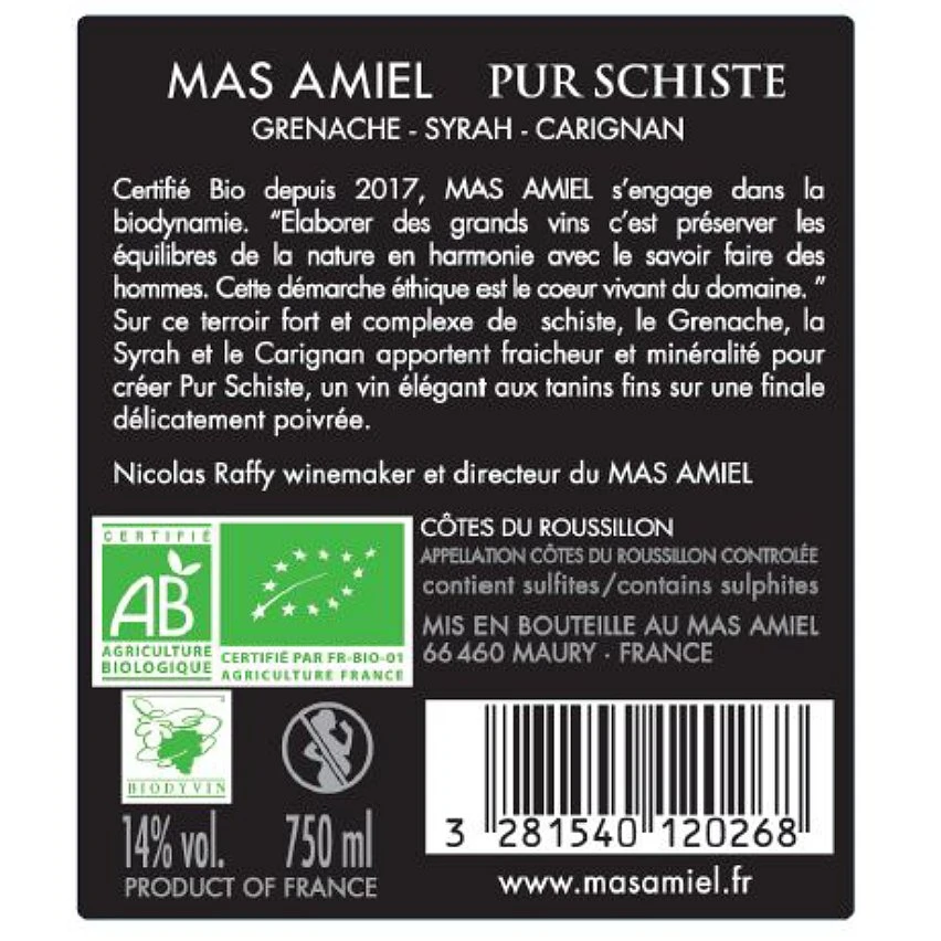 Mas Amiel Pur Schiste BIO, 2020 - Côtes-du-Roussillon AOP - Rouge - 75 cl - étiquette abîmée Grosses soldes 🥰 Mas Amiel Pur Schiste BIO, 2020 - Côtes-du-Roussillon AOP - Rouge - 75 cl - étiquette abîmée 🌟 -VINS ROUGES Boutique 3281540120268 2