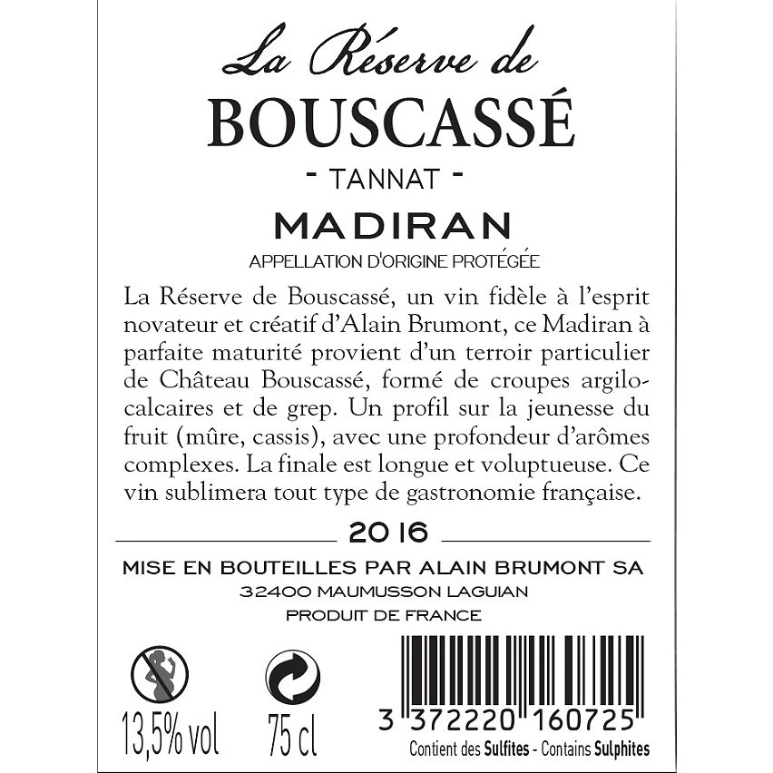 La Réserve du Bouscassé , 2018 - Madiran AOP - Rouge - 75 cl Meilleure affaire 🔥 La Réserve du Bouscassé , 2018 - Madiran AOP - Rouge - 75 cl 😍 -VINS ROUGES Boutique 3372220160725 2