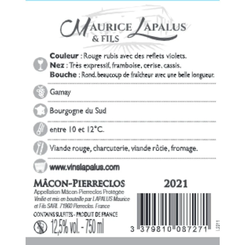 Maurice Lapalus & Fils, 2021 - Mâcon Pierreclos AOP - Rouge - 75 cl De gros 🎉 Maurice Lapalus & Fils, 2021 - Mâcon Pierreclos AOP - Rouge - 75 cl ❤️ -VINS ROUGES Boutique 3379810087271 2