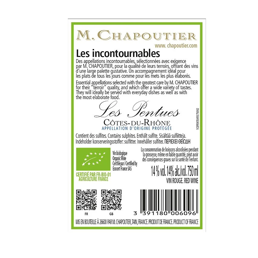 M. Chapoutier Les Pentues BIO, 2021 - Côtes du Rhône AOP - Rouge - 75 cl Acheter 🛒 M. Chapoutier Les Pentues BIO, 2021 - Côtes du Rhône AOP - Rouge - 75 cl ✨ -VINS ROUGES Boutique 3391180006096 2