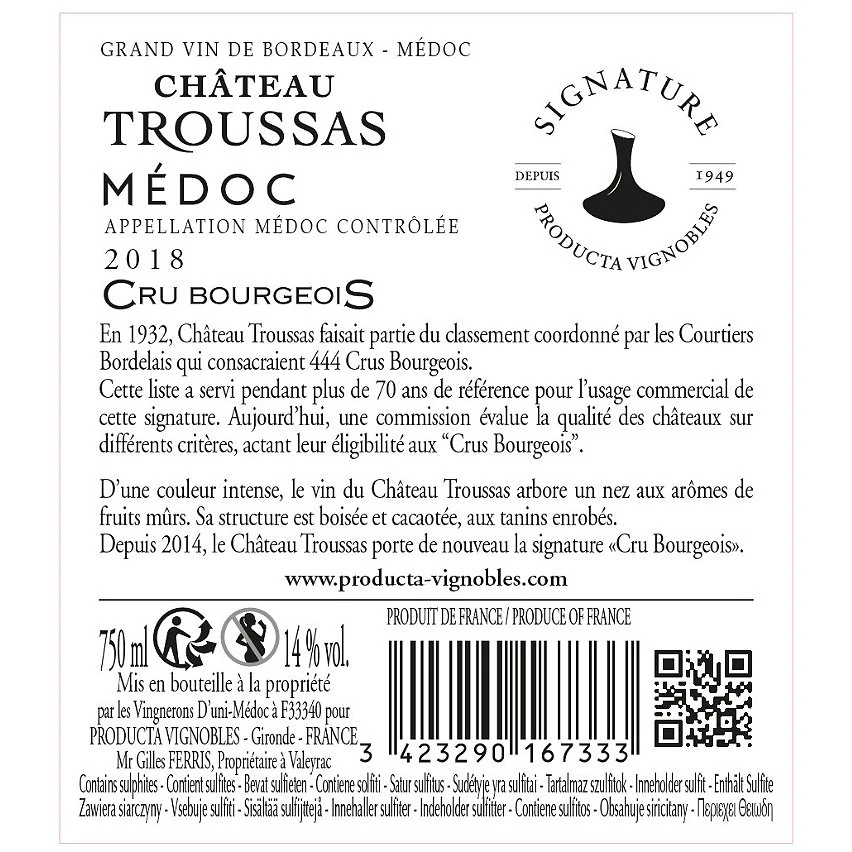 Château Troussas, 2018 - Médoc Cru Bourgeois AOC - Rouge - 75 cl Acheter 👏 Château Troussas, 2018 - Médoc Cru Bourgeois AOC - Rouge - 75 cl 🔔 -VINS ROUGES Boutique 3423290167333 2