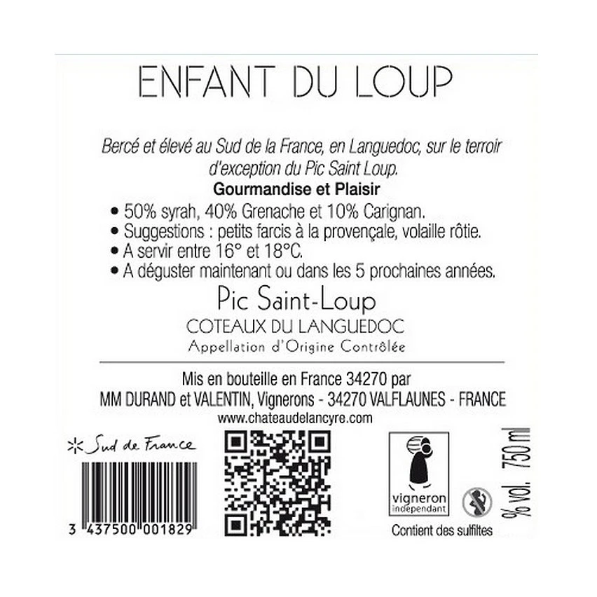 Château de Lancyre Enfant du Loup, 2020 - Pic-Saint-Loup AOP - Rouge - 75 cl Nouveau 🔥 Château de Lancyre Enfant du Loup, 2020 - Pic-Saint-Loup AOP - Rouge - 75 cl 🔔 -VINS ROUGES Boutique 3437500001829 2