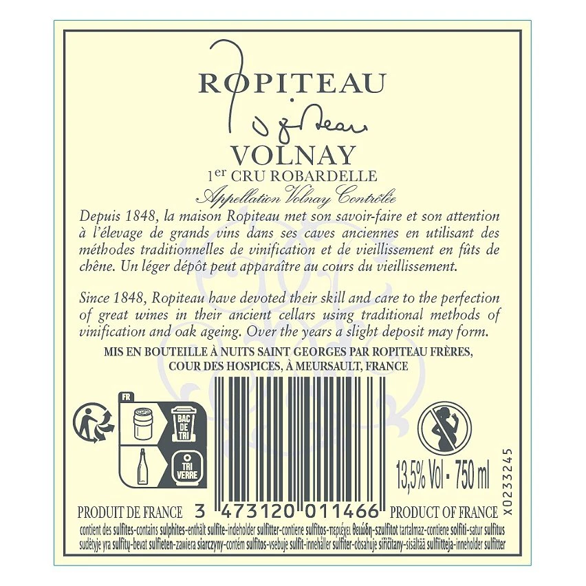 Ropiteau Frères, 2018 - Volnay 1er Cru AOP - Rouge - 75 cl Budget ✨ Ropiteau Frères, 2018 - Volnay 1er Cru AOP - Rouge - 75 cl ✨ -VINS ROUGES Boutique 3473120011466 2