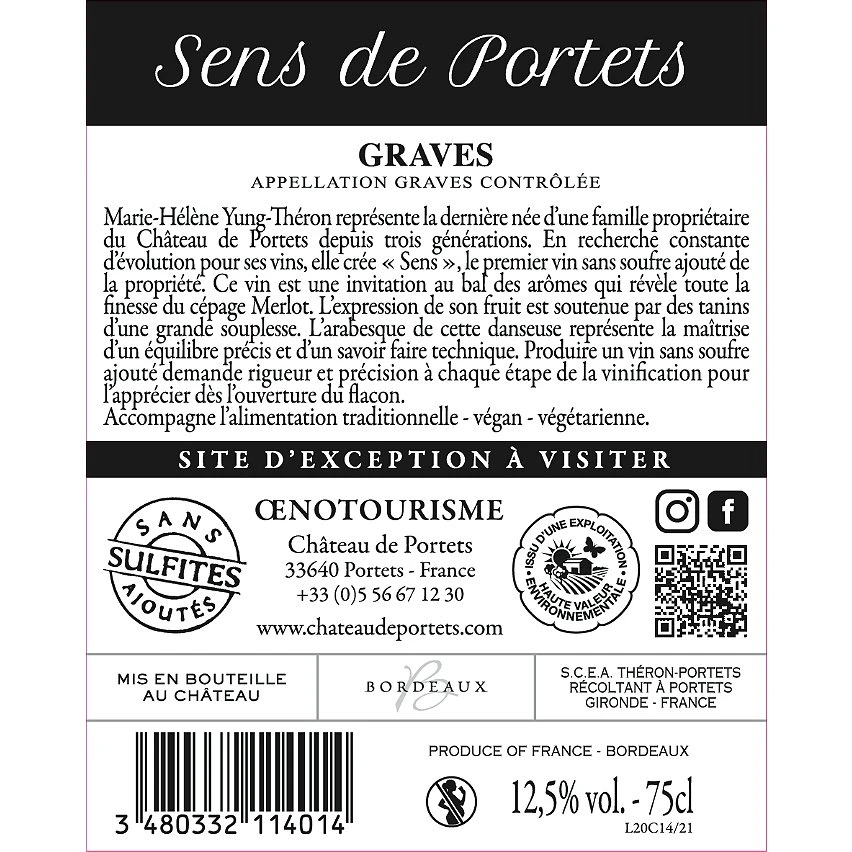 Sens de Portets, 2020 - Graves AOP - Rouge - 75 cl De gros 💯 Sens de Portets, 2020 - Graves AOP - Rouge - 75 cl 👍 -VINS ROUGES Boutique 3480332114014 2