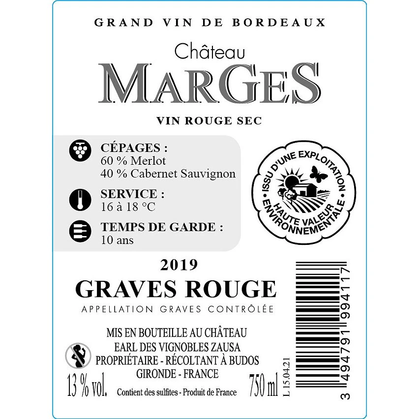Château Margès, 2019 - Graves AOP - Rouge - 75 cl Meilleure affaire 😍 Château Margès, 2019 - Graves AOP - Rouge - 75 cl 😀 -VINS ROUGES Boutique 3494791994117 2