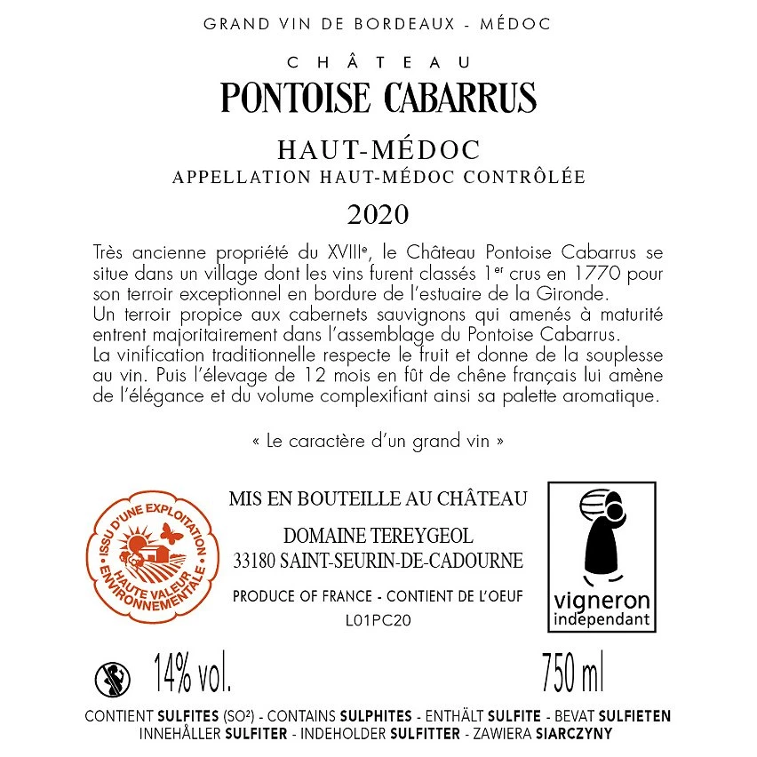Château Pontoise Cabarrus, 2020 - Haut-Médoc AOP - Rouge - 75 cl Meilleure vente 🥰 Château Pontoise Cabarrus, 2020 - Haut-Médoc AOP - Rouge - 75 cl ⭐ -VINS ROUGES Boutique 3495230220996 2