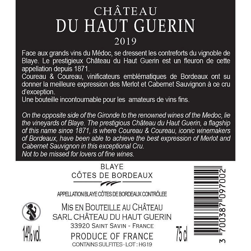 Château du Haut Guérin, 2019 - Côtes de Blaye AOP - Rouge - 75 cl Bon marché 🧨 Château du Haut Guérin, 2019 - Côtes de Blaye AOP - Rouge - 75 cl ⌛ -VINS ROUGES Boutique 3700387097002 2