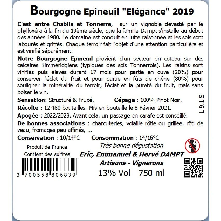Vignoble Dampt Élégance, 2019 - Bourgogne Épineuil AOP - Rouge - 75 cl Grosses soldes 🧨 Vignoble Dampt Élégance, 2019 - Bourgogne Épineuil AOP - Rouge - 75 cl 😍 -VINS ROUGES Boutique 3700558806839 2