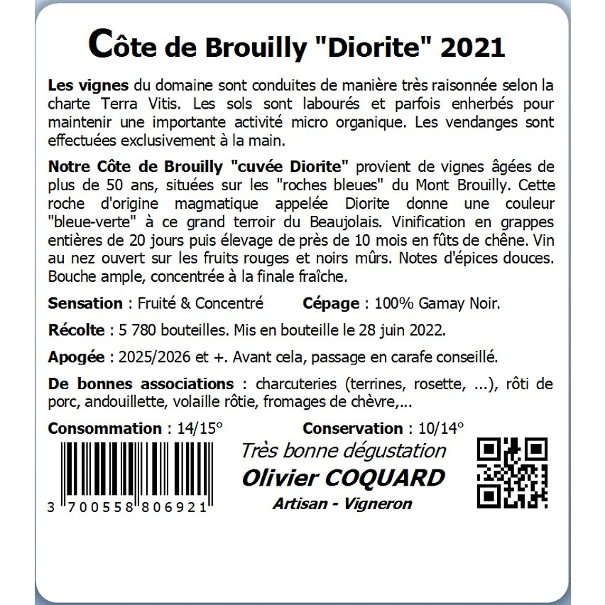 Olivier Coquard Diorite, 2021 - Côte de Brouilly AOP - Rouge - 75 cl Tout neuf 👏 Olivier Coquard Diorite, 2021 - Côte de Brouilly AOP - Rouge - 75 cl 👍 -VINS ROUGES Boutique 3700558806921 2