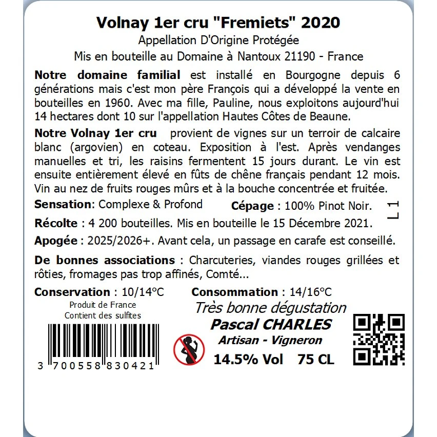 Tout neuf 😍 Domaine Charles Les Fremiets, 2020 - Volnay 1er Cru AOP - Rouge - 75 cl 😍 3 Tout neuf 😍 Domaine Charles Les Fremiets, 2020 - Volnay 1er Cru AOP - Rouge - 75 cl 😍 – Image 2