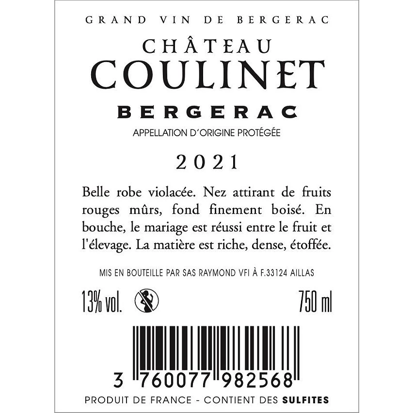 Château Coulinet, 2021 - Bergerac AOP - Rouge - 75 cl De gros 🤩 Château Coulinet, 2021 - Bergerac AOP - Rouge - 75 cl 🥰 -VINS ROUGES Boutique 3760077982568 2