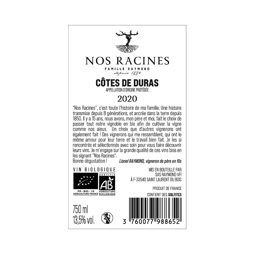 Nos Racines BIO, 2020 - Côtes de Duras AOP - Rouge - 75 cl Le moins cher ❤️ Nos Racines BIO, 2020 - Côtes de Duras AOP - Rouge - 75 cl ✔️ -VINS ROUGES Boutique 3760077988652 2