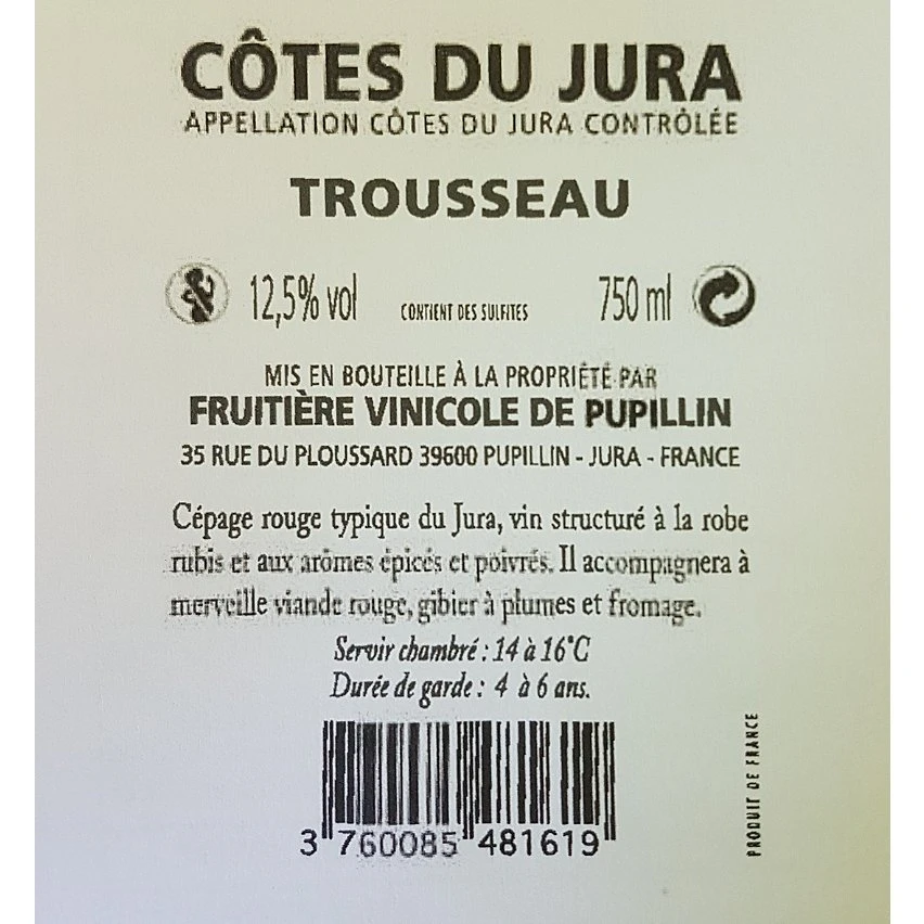 Fruitière Vinicole de Pupillin - Trousseau, 2019 - Côtes du Jura AOC - Rouge - 75 cl Meilleur prix 😉 Fruitière Vinicole de Pupillin - Trousseau, 2019 - Côtes du Jura AOC - Rouge - 75 cl 🎁 -VINS ROUGES Boutique 3760085481619 2