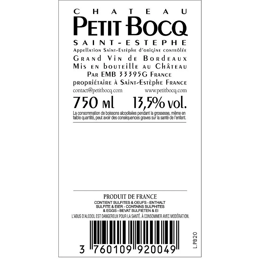 Château Petit Bocq , 2020 - Saint-Estèphe AOP - Rouge - 75 cl Meilleure vente 👏 Château Petit Bocq , 2020 - Saint-Estèphe AOP - Rouge - 75 cl 😀 -VINS ROUGES Boutique 3760109920049 2