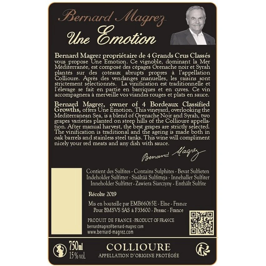 Une Emotion, 2019 - Collioure AOP - Rouge - 75 cl De gros ❤️ Une Emotion, 2019 - Collioure AOP - Rouge - 75 cl ✔️ -VINS ROUGES Boutique 3760118602363 2