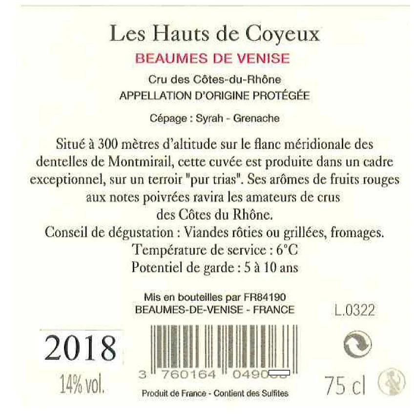 Les Hauts de Coyeux, 2018 - Beaumes-de-Venise AOP - Rouge - 75 cl Meilleur prix 🥰 Les Hauts de Coyeux, 2018 - Beaumes-de-Venise AOP - Rouge - 75 cl ✨ -VINS ROUGES Boutique 3760164049075 2