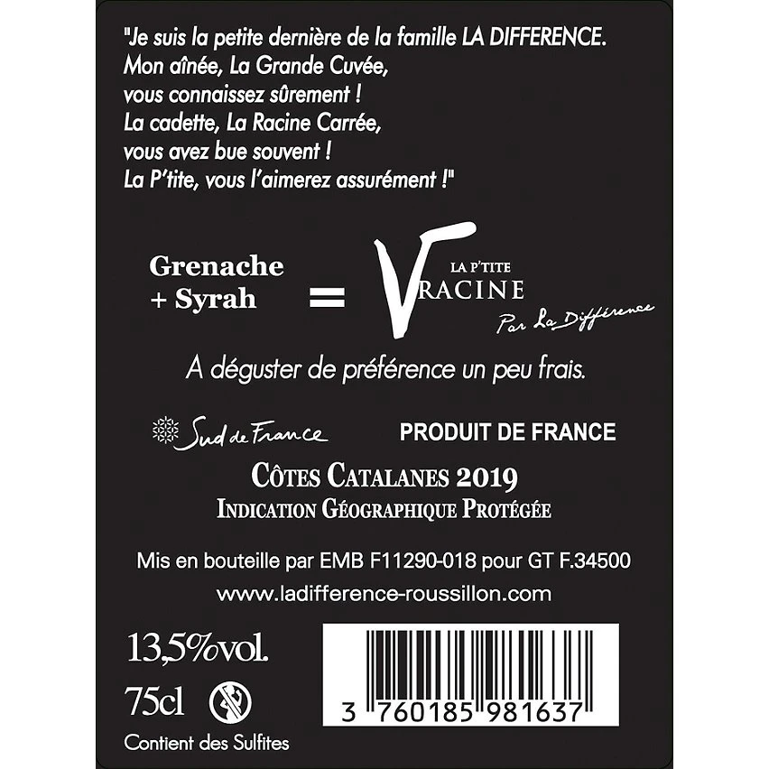 La P'tite Racine Par la Différence, 2019 - Côte Catalanes IGP - Rouge - 75 cl De gros 🛒 La P'tite Racine Par la Différence, 2019 - Côte Catalanes IGP - Rouge - 75 cl 😉 -VINS ROUGES Boutique 3760185981637 2