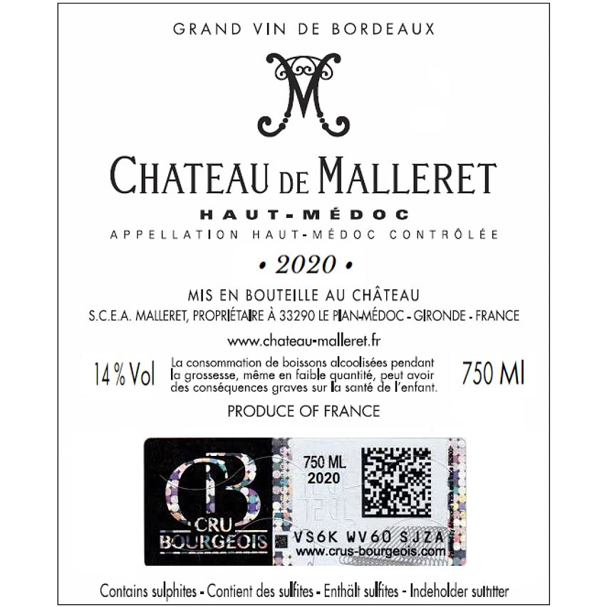 Château de Malleret, 2020 - Haut-Médoc AOP - Rouge - 75 cl Acheter 🥰 Château de Malleret, 2020 - Haut-Médoc AOP - Rouge - 75 cl 👍 -VINS ROUGES Boutique 3760207010116 2