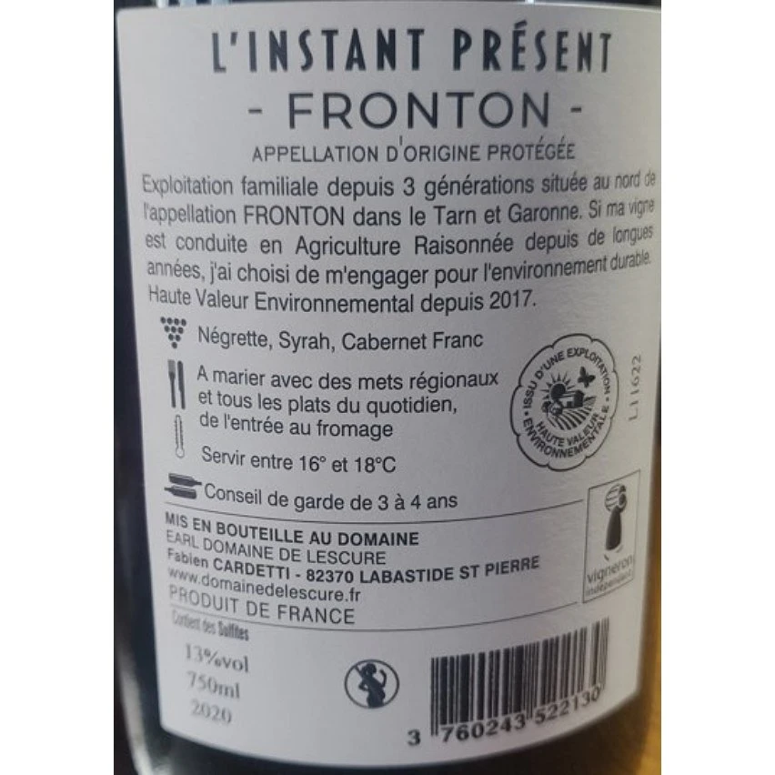 Domaine de Lescure L'Instant Présent, 2020 - Fronton AOP - Rouge - 75 cl Meilleur prix 👍 Domaine de Lescure L'Instant Présent, 2020 - Fronton AOP - Rouge - 75 cl ❤️ -VINS ROUGES Boutique 3760243522130 2