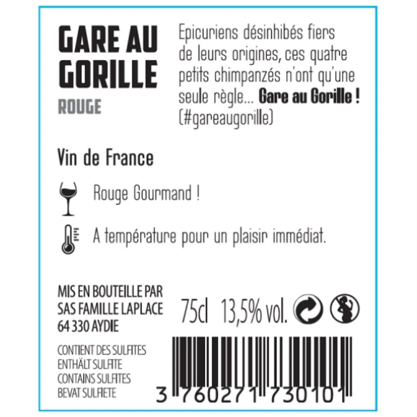 Gare au gorille - Vin de France - Rouge - 75 cl Sortie 👏 Gare au gorille - Vin de France - Rouge - 75 cl 🛒 -VINS ROUGES Boutique 3760271730101 2