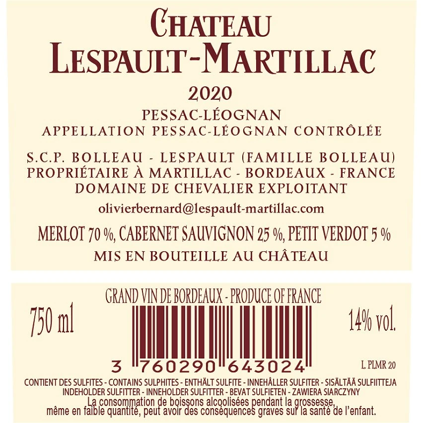 Château Lespault-Martillac, 2020 - Pessac-Léognan AOP - Rouge - 75 cl Remise 🛒 Château Lespault-Martillac, 2020 - Pessac-Léognan AOP - Rouge - 75 cl 🎁 -VINS ROUGES Boutique 3760290643024 2
