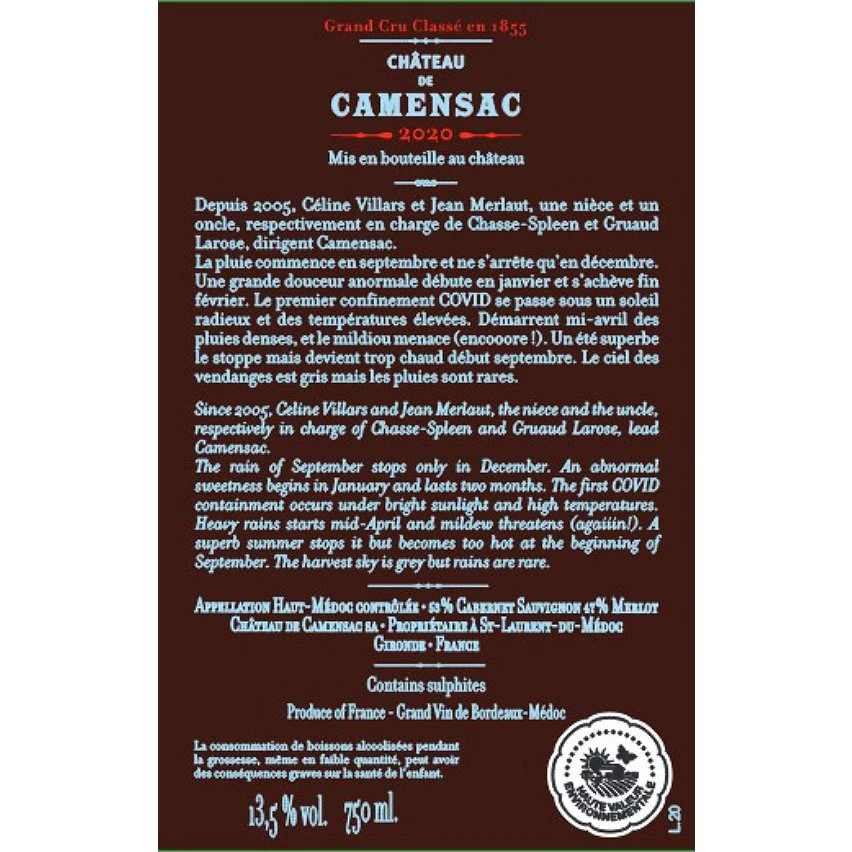 Château de Camensac, 2020 - Haut-Médoc AOP - Rouge - 75 cl Bon marché 👍 Château de Camensac, 2020 - Haut-Médoc AOP - Rouge - 75 cl 🤩 -VINS ROUGES Boutique 3760293120676 3