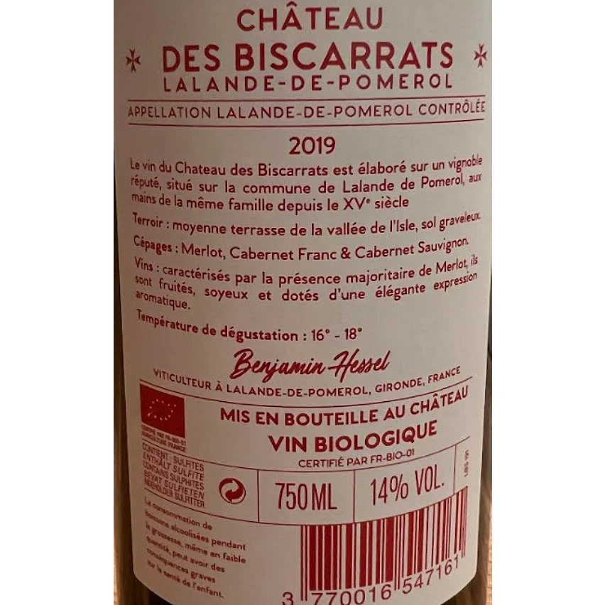 Château des Biscarrats Cuvée Parallèle BIO, 2019 - Lalande de Pomerol AOP - Rouge - 75 cl Budget ✨ Château des Biscarrats Cuvée Parallèle BIO, 2019 - Lalande de Pomerol AOP - Rouge - 75 cl 😀 -VINS ROUGES Boutique 3770016547161 2