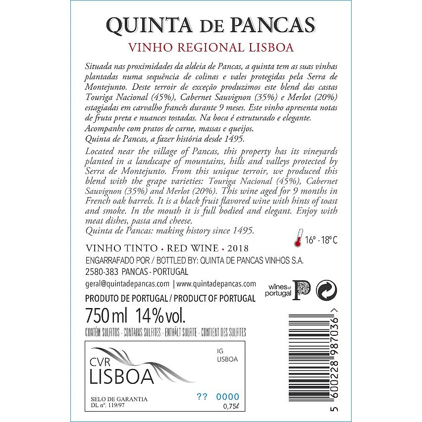 Quinta de Pancas, 2018 - Lisboa Vinho Regional, Portugal - Rouge - 75 cl Budget 🔔 Quinta de Pancas, 2018 - Lisboa Vinho Regional, Portugal - Rouge - 75 cl ⌛ -VINS ROUGES Boutique 5600228987036 2