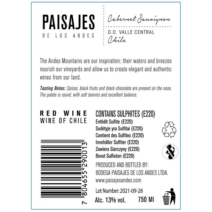 Paisajes de los Andes, 2021 - Valle Central DO, CHILI - Rouge - 75 cl Meilleur prix 🎁 Paisajes de los Andes, 2021 - Valle Central DO, CHILI - Rouge - 75 cl ✨ -VINS ROUGES Boutique 7804655290013 2